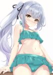  1girl aqua_bikini ayamiyuki bare_arms bare_legs bare_shoulders bikini black_ribbon blush closed_mouth cowboy_shot frilled_bikini frills grey_hair hair_ribbon kantai_collection kasumi_(kancolle) long_hair looking_at_viewer navel official_alternate_costume ribbon side_ponytail simple_background solo swimsuit white_background yellow_eyes 