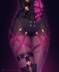  1girl black_background commentary fine_fabric_emphasis glowing gradient_background helloimtea high-waist_shorts highres honkai:_star_rail honkai_(series) kafka_(honkai:_star_rail) lower_body micro_shorts pantyhose pantyhose_under_shorts purple_background purple_pantyhose purple_ribbon ribbon shorts skin_tight skindentation solo thigh_gap thigh_strap thighs twitter_username 