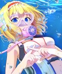  1girl absurdres alice_margatroid bikini blonde_hair blue_eyes commission diving_mask frilled_hairband frills goggles hairband highres kisaragi_koushi looking_at_viewer pixiv_commission red_hairband snorkel snorkel_in_mouth solo swimsuit touhou underwater upper_body white_bikini 