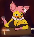  absurd_res alcohol anthro beverage big_breasts blush bow_(feature) breast_rest breast_squish breasts bubble candle cleavage clothed clothing container cup dress drinking drinking_glass drunk drunk_bubble ear_piercing eeveelution female fur generation_1_pokemon generation_6_pokemon glass glass_container glass_cup half-closed_eyes hi_res hybrid jolteon looking_at_viewer multicolored_body multicolored_fur narrowed_eyes neck_tuft nintendo off_shoulder piercing pink_body pink_fur pokemon pokemon_(species) smile smiling_at_viewer sneavile solo squish substance_intoxication sylveon tipsy tuft two_tone_body two_tone_fur wine wine_bottle wine_glass yellow_body yellow_fur 