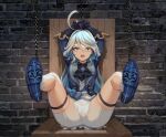  1girl ascot black_ascot black_gloves blue_eyes blue_footwear blue_jacket bound chain constricted_pupils furina_(genshin_impact) genshin_impact gloves indoors jacket looking_at_viewer multicolored_hair qingjiao_rou_si restrained scared solo thigh_strap thighs two-tone_hair wall 