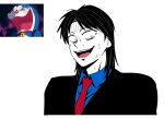  1boy bags_under_eyes black_hair black_jacket blazer blue_shirt collared_shirt colored_skin commentary doraemon doraemon_(character) high_contrast highres ichijou_seiya jacket kaiji long_hair looking_at_viewer male_focus necktie open_mouth parted_bangs red_necktie reference_inset shirt simple_background smile suit sweat upper_body white_background white_eyes white_skin yologyeolseogchung-gyeogpaswaeseogsul 