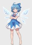  1girl absurdres ahoge bare_legs barefoot blue_bow blue_dress blue_eyes blue_hair blue_ribbon bow cirno cirno_day closed_mouth crossed_arms detached_wings dress fairy fairy_wings fluffywings frozen grey_background hair_bow hair_ribbon highres ice ice_wings knees looking_at_viewer ribbon short_dress short_hair short_sleeves sidelocks signature simple_background smile solo standing touhou wings 