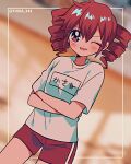 1980s_(style) 1girl blurry blurry_background character_name clothes_writing commentary cowboy_shot crossed_arms drill_hair dutch_angle framed gym gym_shorts gym_uniform indoors kasane_teto light_blush one_eye_closed parted_lips red_eyes red_hair red_shorts retro_artstyle shirt short_hair short_sleeves shorts smile solo translated twin_drills twitter_username utau white_shirt yuusuke-kun 