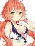  1girl bow breasts brown_hair chiho_(pixiv10578873) green_eyes hair_between_eyes hair_bow hand_up highres hololive hololive_summer_2023_swimsuit long_hair low_twintails medium_breasts official_alternate_costume red_bow sakura_miko simple_background solo swimsuit twintails upper_body virtual_youtuber white_background 