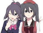  2girls ;p aika_himena an_sin annoyed arms_at_sides beret blazer blunt_ends bow bowtie brown_bow brown_bowtie buttons double_v furrowed_brow grey_hair hair_between_eyes half_updo hat jacket jewelry kamihama_future_academy_school_uniform long_sleeves looking_at_viewer magia_record:_mahou_shoujo_madoka_magica_gaiden mahou_shoujo_madoka_magica multiple_girls one_eye_closed pink_bow pink_bowtie purple_eyes purple_hair purple_jacket red_headwear red_vest ring school_uniform shirt short_hair sidelocks simple_background smile striped striped_vest tokime_shizuka tongue tongue_out twintails upper_body v vertical-striped_vest vertical_stripes vest white_background white_shirt wing_collar 