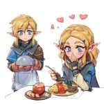  1boy 1girl apple apron black_cape black_gloves blonde_hair blue_shirt blush braid cape crown_braid eating fingerless_gloves food frilled_apron frills fruit gloves green_eyes hair_ornament hairclip heart holding holding_spoon link parted_bangs phantom_ix_row pointy_ears princess_zelda shirt shoulder_pads simple_background smile spoon table the_legend_of_zelda the_legend_of_zelda:_tears_of_the_kingdom white_background 