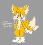  2023 2_tails anthro aroohwahoou blue_eyes canid canine clothing crotch_tuft dated dipstick_tail footwear fox fur gloves handwear male mammal markings miles_prower multi_tail navel sega socks solo sonic_the_hedgehog_(series) tail tail_markings tuft yellow_body yellow_fur 
