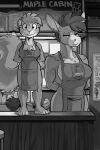  2023 ani-droids anthro apron apron_only asinus bale_(ani-droids) bottle breasts buckteeth chestnut_(ani-droids) clothing container donkey duo english_text equid equine female fur greyscale hair hi_res inside looking_at_viewer mammal mane menu_board monochrome rick_griffin rodent sciurid side_boob size_difference teeth text tree_squirrel 