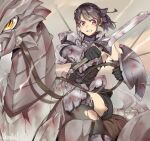 1girl arm_shield armor armored_boots arrow_(projectile) black_bow black_gloves black_hair black_shirt black_shorts black_thighhighs boots bow breastplate broken broken_armor broken_sword broken_weapon bruise clenched_teeth commentary couter crack dragon dragon_riding english_commentary faulds feet_out_of_frame gloves hair_bow highres holding holding_reins holding_sword holding_weapon injury knight long_sleeves looking_afar looking_to_the_side medium_hair original pauldrons poleyn ponytail red_eyes reins scar scar_on_arm scar_on_face scar_on_leg shirt shorts shoulder_armor signature skinnysloth slit_pupils solo sword teeth thighhighs torn_clothes torn_shirt torn_shorts torn_thighhighs vambraces weapon yellow_eyes 