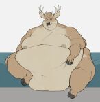  anthro antlers bed belly belly_overhang big_belly brown_body brown_fur deer double_chin ear_piercing fat_rolls fur furniture grin hand_on_stomach hi_res hooves horn love_handles male mammal moobs morbidly_obese morbidly_obese_anthro morbidly_obese_male navel nipples nude obese obese_anthro obese_male on_bed overweight overweight_anthro overweight_male piercing sitting sitting_on_bed smile solo thick_thighs wide_hips yasano 