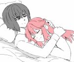  artist_name black_hair blush bob_cut cuddling height_difference jakuzure_nonon karinakamichi kill_la_kill kiryuuin_satsuki pink_hair sketch spot_color thick_eyebrows yuri 