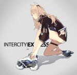  1girl black_jacket blonde_hair earbuds earphones english_commentary english_text from_side full_body grey_background headgear highres inline_skates jacket lin+ long_hair one_knee original profile roller_skates simple_background skates solo thigh_strap 