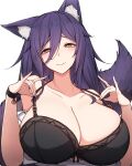  1girl absurdres animal_ear_fluff animal_ears bell black_bra bra bracelet breasts cleavage closed_mouth collarbone commission fox_ears fox_girl fox_tail hair_between_eyes highres jewelry jingle_bell large_breasts long_hair looking_at_viewer original pixiv_commission purple_hair rikuguma simple_background smile solo tail underwear upper_body white_background 