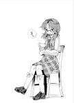  1girl :p bow_legwear chair collared_shirt commentary_request cup dress full_body glasses greyscale highres holding holding_cup kneehighs loafers long_sleeves looking_at_object low_twintails medium_hair monochrome no_headwear plaid plaid_dress shadow shirt shoes short_dress sitting sleeveless sleeveless_dress socks solo speech_bubble steam suna_(s73d) teacup tongue tongue_out touhou translation_request twintails usami_sumireko 
