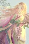  1girl blonde_hair blush braid branch flower highres indigo_scarlet japanese_clothes karaginu_mo karasu_wa_aruji_wo_erabanai kimono layered_clothes layered_kimono long_hair outdoors parted_bangs solo standing twitter_username very_long_hair 