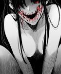  1girl absurdres black_background breasts glasgow_smile hair_behind_ear hair_over_eyes hatching_(texture) highres ishiyumi kuchisake-onna_(ishiyumi) large_breasts long_bangs long_hair monochrome nude open_mouth original red_eyes science_fiction sidelocks solo spot_color squatting teeth 