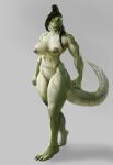  abs anthro breasts crocodilian female green_body green_scales hair looking_at_viewer muscular muscular_anthro muscular_female nipples non-mammal_breasts non-mammal_nipples ponytail reptile scales scalie scar shintori solo 