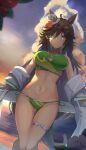  1girl ahoge animal_ears bare_shoulders bikini blue_eyes brown_hair cloud commentary_request feet_out_of_frame flower green_bikini hat hat_flower highres horse_ears jacket kodoneri_(user_quk1118) long_hair looking_at_viewer mini_hat mini_top_hat mr._c.b._(umamusume) navel off_shoulder open_clothes open_jacket outdoors pink_flower solo standing stomach strapless strapless_bikini swimsuit thigh_strap thighs top_hat umamusume very_long_hair white_jacket 