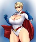  1girl alternate_hair_length alternate_hairstyle blonde_hair blue_eyes blue_gloves breasts cape cleavage_cutout clothing_cutout covered_navel dc_comics erkaz gloves gradient_background hands_up highleg highleg_leotard highres huge_breasts leotard looking_at_viewer parted_lips power_girl red_cape short_hair smile solo superman_(series) white_leotard 