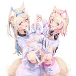  2girls :3 :d albreo animal_ear_fluff animal_ears belt black_collar blonde_hair blue_belt blue_eyes blue_hair blue_nails blush breasts cleavage_cutout clothing_cutout collar cropped_shirt dog_ears dog_girl dog_tail dress fang fuwawa_abyssgard hair_ornament hairpin headphones headphones_around_neck highres holding_hands hololive hololive_english large_breasts long_hair medium_hair mococo_abyssgard multicolored_hair multiple_girls nail_polish open_mouth pink_belt pink_eyes pink_hair pink_nails shirt short_shorts shorts siblings sisters small_breasts smile spiked_collar spikes streaked_hair tail twins virtual_youtuber white_dress white_shirt white_shorts x_hair_ornament 