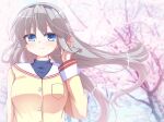  1girl adjusting_hair black_hairband blue_eyes blurry blurry_background blush breasts cherry_blossoms clannad closed_mouth commentary_request day eyes_visible_through_hair floating_hair grey_hair hair_between_eyes hairband highres hikarizaka_private_high_school_uniform jacket large_breasts long_hair long_sleeves looking_at_viewer outdoors sailor_collar sakagami_tomoyo school_uniform sidelocks smile solo turtleneck twitter_username upper_body very_long_hair white_sailor_collar wind wind_lift yaki-ayato yellow_jacket 