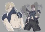  1boy abs black_pants blonde_hair blue_eyes blue_shirt collage gloves grey_background highres knife leon_s._kennedy male_focus pants pectoral_cleavage pectorals resident_evil shirt short_sleeves simple_background tagme torn_cloth worried ya2der2 