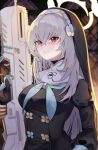  1girl assault_rifle black_dress black_gloves blue_archive blue_neckerchief blurry blurry_background blush breasts bullpup closed_mouth dress gloves grey_hair gun habit halo highres holding holding_gun holding_weapon impossible_clothes iwi_tavor kuronuma_s large_breasts long_hair long_sleeves looking_at_viewer neckerchief purple_eyes rifle sakurako_(blue_archive) solo turtleneck twitter_username upper_body watermark weapon 