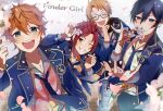  4boys absurdres akehoshi_subaru black_eyes black_hair blonde_hair blue_eyes cherry_blossoms closed_eyes ensemble_stars! flower glasses green_eyes hidaka_hokuto highres isara_mao male_focus multiple_boys one_eye_closed orange_hair red_hair short_hair trickstar_(ensemble_stars!) usahana101 white_background white_flower yuuki_makoto_(ensemble_stars!) 