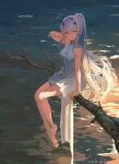  alternate_costume bare_legs bare_shoulders barefoot branch breasts crossed_bangs dress fate/grand_order fate_(series) hair_ornament highres long_hair melusine_(fate) ponytail sidelocks signature sitting sitting_on_branch sleeveless sleeveless_dress ushas water white_dress white_hair yellow_eyes 