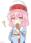  1girl ? blue_kimono bucket chicken_(food) commentary eating food highres holding holding_food japanese_clothes kfc kimono long_sleeves looking_at_viewer pink_eyes pink_hair saigyouji_yuyuko serichii short_hair simple_background solo touhou upper_body white_background 