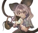  1girl absurdres animal animal_ears bishamonten&#039;s_pagoda black_dress capelet closed_mouth dress fingernails grey_capelet grey_hair highres holding long_sleeves mouse mouse_ears mouse_tail nazrin red_eyes revision short_hair simple_background solo tail touhou umebitan upper_body white_background 