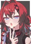  1girl ange_katrina ange_katrina_(7th_costume) blue_eyes chinese_clothes double_bun hair_bun hair_intakes hair_ornament mizumi_(artist) nijisanji open_mouth red_hair red_nails short_hair solo v_over_mouth virtual_youtuber x_hair_ornament 