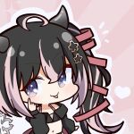  1girl ahoge akanbe black_hair black_jacket blue_eyes bra chibi closed_mouth commentary_request cropped_jacket demon_girl demon_horns finger_to_eye flat_chest flower grey_horns hair_between_eyes hair_flower hair_ornament hair_ribbon heart highres horns jacket long_hair long_sleeves looking_at_viewer mariooo medium_bangs midriff multicolored_hair nanashi_inc. navel notice_lines oinomori_may one_side_up outline pink_background pink_bra pink_hair pink_ribbon ribbon smile solo tongue tongue_out two-tone_hair underwear upper_body virtual_youtuber white_outline 