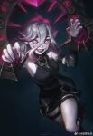  1girl absurdres artist_name belt black_belt breasts briar_(league_of_legends) chilled_mushroom chromatic_aberration dated fingernails grey_hair grey_nails hair_between_eyes highres league_of_legends long_hair looking_at_viewer medium_breasts multicolored_hair no_pupils pink_hair pointy_ears sharp_fingernails sharp_teeth sidelocks simple_background smile solo standing streaked_hair teeth two-tone_hair vampire white_eyes wrist_cuffs 