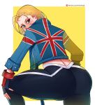  absurdres angry blonde_hair cammy_white capcom exhausted fraankyy gloves green_eyes highres jacket looking_at_viewer pants scar sportswear street_fighter sweat united_kingdom yoga_pants 
