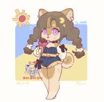 1girl :p animal_ears artist_name black_shirt blue_shorts blunt_bangs blurry blurry_background braid brown_fur brown_hair cat_ears cat_girl cat_tail dated food full_body furry furry_female holding holding_food hua_hua_de_meme ice_cream long_hair looking_at_viewer multicolored_background original purple_eyes shirt shorts signature solo sun tail tongue tongue_out twin_braids watermark white_background yellow_background 