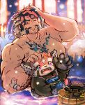  2boys affectionate bara beard beard_stubble blue_hair chest_hair daikoku_(housamo) dark_blue_hair facial_hair furry furry_male halo_behind_head hamunosuke_(buta5kawa) hand_in_own_hair headpat highres large_pectorals male_focus mature_male merchandise multiple_boys muscular muscular_male mustache mutton_chops nude onsen pectorals red_panda_ears shennong_(housamo) size_difference smile snowing thick_eyebrows tokyo_afterschool_summoners upper_body white_hair zhurong_(housamo) 