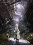  1girl ahoge full_body haruaki_(onkai_planaria) holding indoors industrial_pipe insecticide original plant railing robe scenery short_hair solo standing white_hair white_robe 