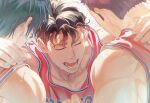  3boys :d arm_around_shoulder basketball_jersey basketball_uniform black_hair bui_(buupopopopopo) closed_eyes highres male_focus mitsui_hisashi miyagi_ryouta multiple_boys open_mouth red_shirt rukawa_kaede shirt short_hair slam_dunk_(series) sleeveless sleeveless_shirt smile sportswear sweat teeth undercut upper_body white_background 