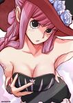  1girl :o aosora2823 bare_shoulders black_dress black_eyes breasts brown_background cleavage collarbone dress flower hand_on_own_hip hand_up hat hat_flower highres large_breasts long_hair one_piece open_mouth perona pink_hair red_headwear simple_background solo strapless strapless_dress watch white_flower wristwatch 