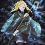  1girl blonde_hair blue_cape cape dress final_fantasy final_fantasy_tactics highres holding holding_staff lightning magic one_eye_closed open_mouth ponytail solo soosupaan staff thighhighs valmafra_lenande yellow_eyes 
