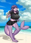  anthro artsy big_breasts bottomwear breasts clothed clothing clothing_lift crop_top female fish hair hi_res looking_at_viewer marine nipple_outline raechel_(radio_jade) red_eyes shark shirt skeletal_hand skirt skirt_lift smile solo teeth topwear 