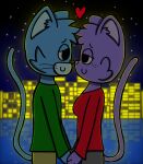  &lt;3 2023 anthro city city_background clothed clothing colored digital_drawing_(artwork) digital_media_(artwork) domestic_cat duo eggnaug eye_contact felid feline felis female freckles fur hair hand_holding happy hi_res looking_at_another looking_at_partner love lucy_(eggnaug) male male/female mammal marshall_(eggnaug) night nose_to_nose romantic romantic_ambiance romantic_couple romantic_night shaded sky smile star starry_sky text url water whiskers wholesome 