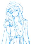  1girl alcohol andreanof_pepesha belt bodysuit bottle breasts bukimi_isan closed_mouth cowboy_shot fur_collar gloves hair_between_eyes hat highres holding holding_bottle jacket jacket_on_shoulders large_breasts long_hair monochrome shy_(series) sketch smile solo spirits_(shy) unfinished vodka 