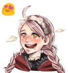  ahoge aroused blush braid emoji facing_to_the_side fire_emblem fire_emblem_fates fujoshi gzei hairband heart heart_in_eye looking_to_the_side low_twin_braids nina_(fire_emblem) open_mouth parted_bangs portrait saliva smile symbol_in_eye teeth twin_braids upper_teeth_only white_hairband 
