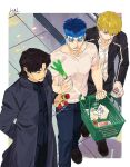 3boys black_coat black_jacket black_pants blonde_hair blue_hair border brown_eyes brown_hair closed_eyes coat cu_chulainn_(fate) fate/stay_night fate_(series) food from_above gilgamesh_(fate) haagen-dazs hal_(haaaalhal) highres holding holding_food holding_vegetable ice_cream indoors jacket kotomine_kirei long_sleeves lower_teeth_only male_focus multiple_boys open_mouth pants pectorals ponytail shirt short_sleeves signature spice spring_onion teeth vegetable white_border white_shirt 