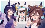  3girls =_= alternate_costume animal_ears beret black_hair blue_eyes blush breasts brown_hair casual cheval_grand_(umamusume) hair_between_eyes hair_ornament hat highres horse_ears looking_at_viewer medium_breasts medium_hair multiple_girls one_eye_closed open_mouth portrait purple_eyes renma_(renma_0503) selfie simple_background sweat twintails twitter_username umamusume v white_background 