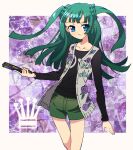  1girl black_shirt blue_eyes blunt_bangs blunt_ends character_name clothes_writing commentary_request cowboy_shot edamame_(buruburu) floral_print folding_fan green_hair green_shorts grey_jacket hand_fan highres holding holding_fan jacket long_hair long_sleeves pretty_(series) pripara shirt shorts solo standing tsukikawa_chili two_side_up 