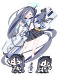  1girl absurdly_long_hair absurdres aris_(blue_archive) blue_archive blue_necktie bm_tol chibi chibi_inset dancing game_development_department_(blue_archive) halo highres long_hair necktie railgun sechi_(sechihyeo) shoes skirt sneakers very_long_hair white_uniform 